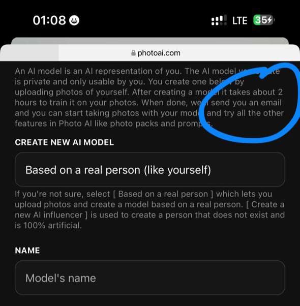 The image displays a mobile interface for creating an AI model on the Photo AI website.