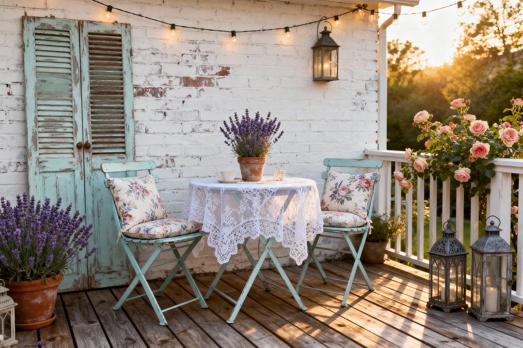 An intimate shabby chic patio on a weathered wood deck features a round bistro table draped in white lace, flanked by two mint-painted folding chairs with floral cushions. A terracotta pot of lavender sits at the center beside a teacup and votive. Behind, a whitewashed brick wall with distressed aqua shutters and a metal lantern sconce is strung with warm globe lights. Potted lavender and blush roses along a white railing frame the scene at golden hour.