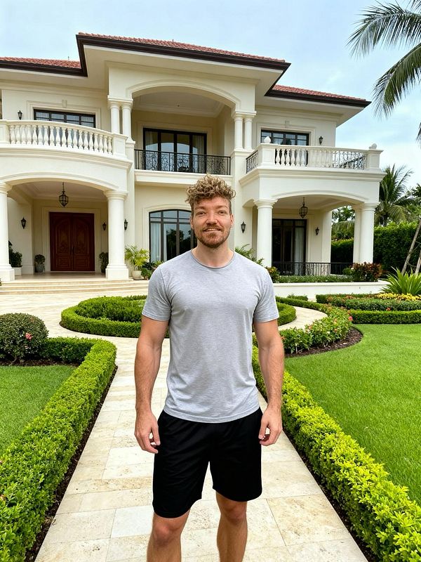 A man stands in front of a luxurious mansion surrounded by well-manicured gardens.