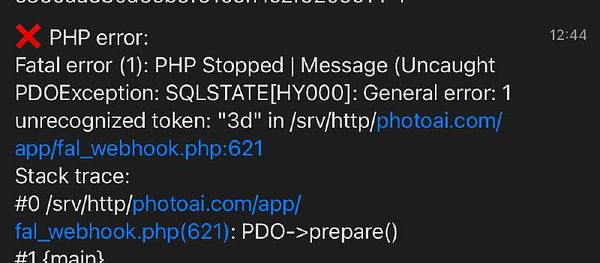 A PHP error message indicating a fatal error due to an unrecognized token in a SQL query.