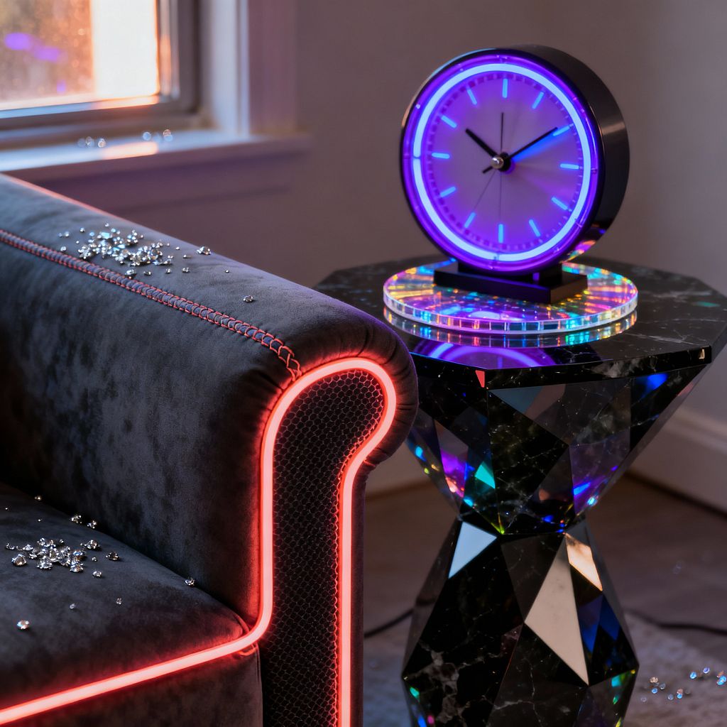 Close-up of a cyberpunk living room corner with a charcoal velvet sofa outlined in red LED piping and red contrast stitching, scattered with small crystal-like accents. A faceted black marble side table reflects multicolored light. On it sits a round analog clock with a glowing blue and purple ring on an iridescent acrylic base. Neutral walls and daylight from a window temper the neon glow, creating a moody futuristic atmosphere.