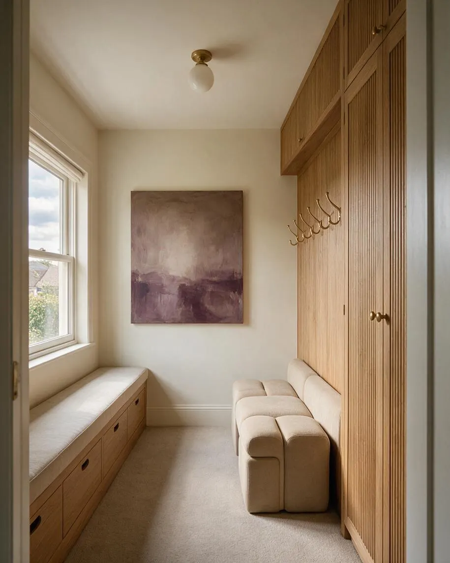 A narrow modern closet with light oak slatted cabinetry along one wall, brass hooks, and a cushioned built-in bench beneath a window seat on the opposite side. The space features cream walls, a soft beige carpet, a compact upholstered ottoman, and a muted abstract painting for a calm, refined atmosphere.