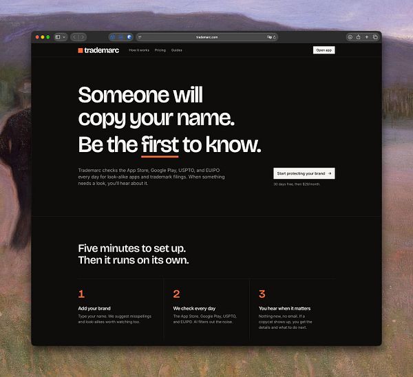 Landing page of Trademarkc.com offering a brand protection service with a simple setup process and daily monitoring.