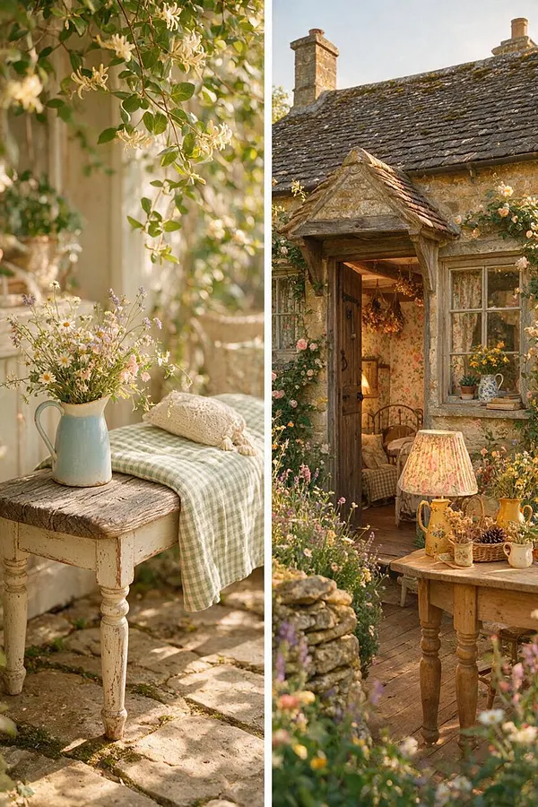 A charming cottage exterior surrounded by climbing roses and wildflowers, with a stone facade, weathered timber porch, and small-paned windows. In the foreground, rustic wooden tables hold floral table lamps, potted plants, and handmade pottery, creating a warm, romantic cottagecore atmosphere.