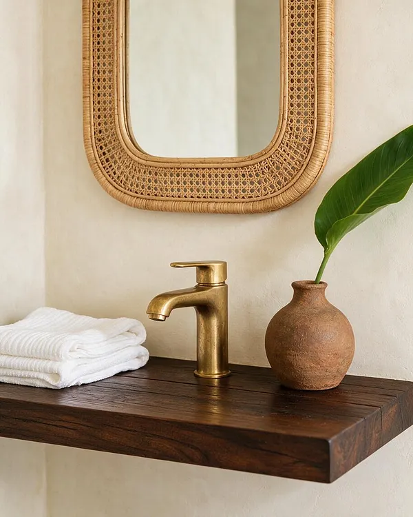A tropical-inspired bathroom vignette with a dark wood floating shelf holding folded white towels, a brushed brass faucet, and a small clay vase with a green leaf. Above it hangs a woven rattan-framed mirror on a soft cream wall.