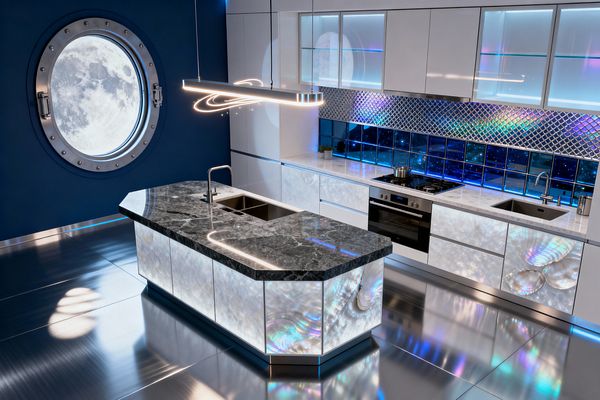 A futuristic kitchen features a round porthole window showing the moon against a deep navy wall. A dark gray marble island with an undermount sink sits on reflective stainless steel flooring, surrounded by glossy white cabinetry and white worktops. Iridescent cabinet fronts and a mix of blue glass and metallic mosaic tiles form the backsplash, illuminated by blue LED strips. Above, a linear LED pendant with ring details hangs over the island.