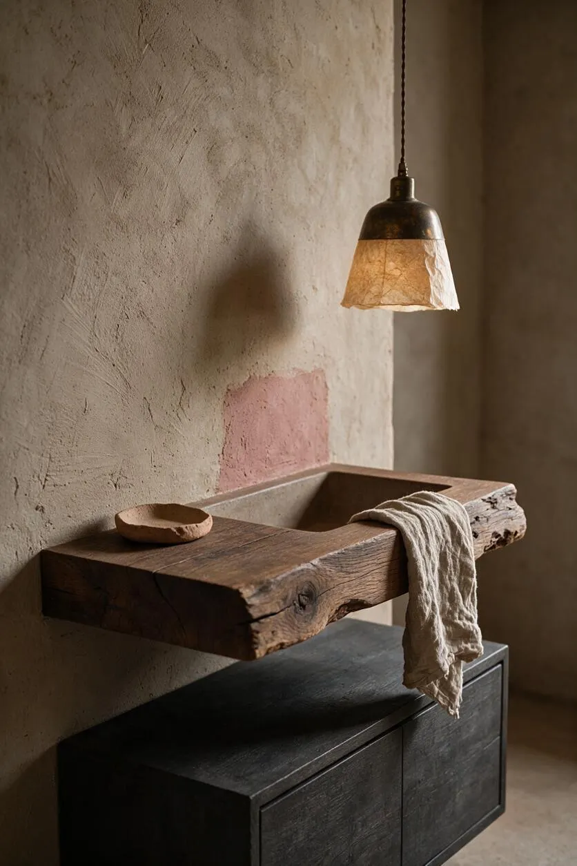 A serene master bathroom with a rough plaster wall, a pink patch of unfinished texture, and a hanging pendant light with a warm paper-like shade. A thick live-edge wooden sink slab projects from the wall above a dark cabinet, with a small wooden dish and a crumpled linen towel draped over the edge.