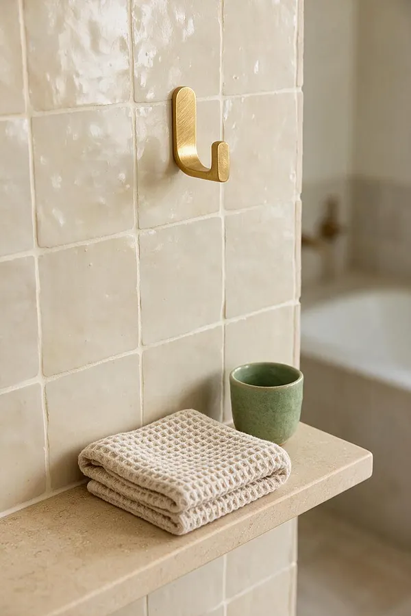 A close-up of a coastal bathroom detail with glossy cream square tiles, a brushed brass hook, a folded waffle-textured towel, and a small sage green cup on a soft beige stone shelf. The blurred background suggests a calm, spa-like bath space.