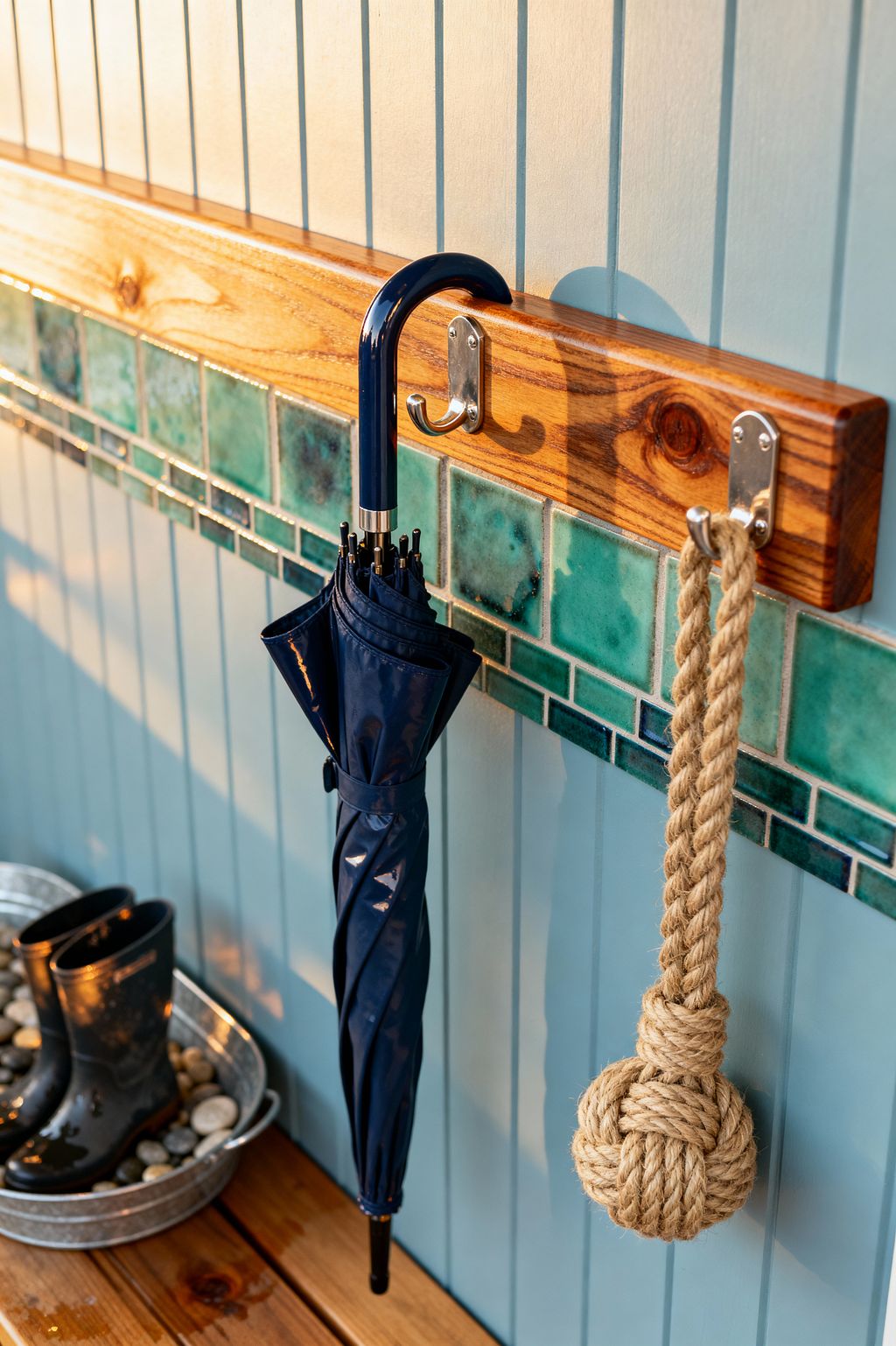 A coastal mudroom detail shows a light aqua beadboard wall with a varnished wood rail and stainless hooks above a band of teal, jade, and deep blue glazed tiles. A navy umbrella and a knotted jute rope hang over warm wood floorboards, while a galvanized metal tub filled with smooth river stones holds wet black rain boots, all lit by low, golden sunlight that highlights the glossy tile and wood grain.