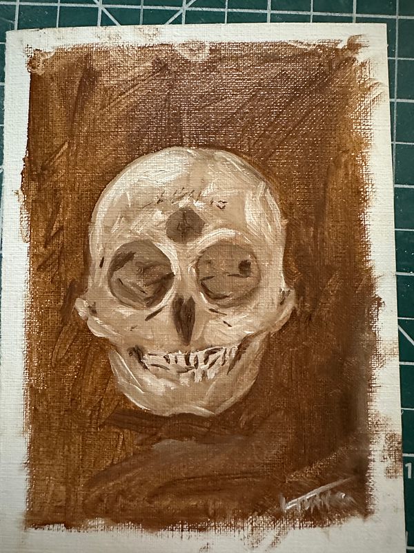 A painted skull on a textured canvas background.