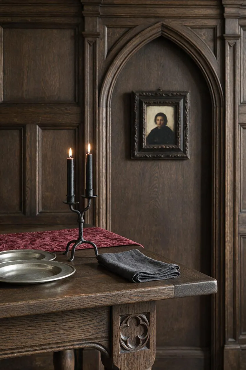 A Gothic-style dining vignette with dark wood wall paneling and a pointed arch niche holding a small framed portrait. In the foreground, a heavy wooden table is set with two metal plates, a folded dark napkin, a red velvet runner, and a black two-candle holder with lit candles.