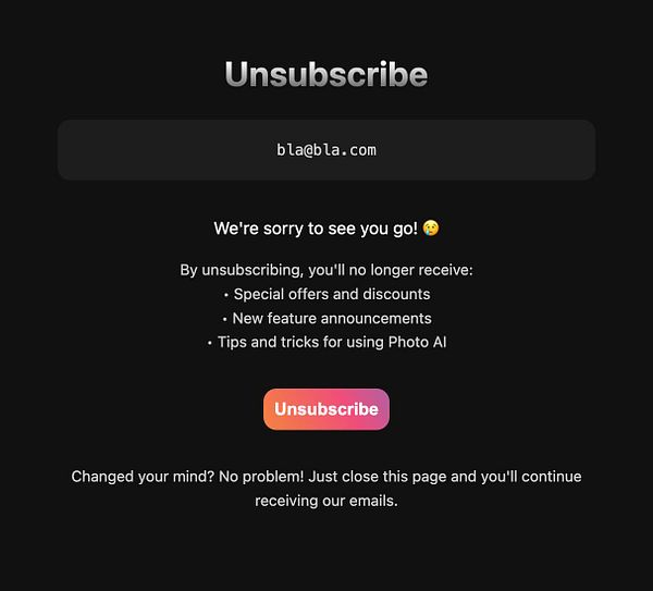 The image displays an unsubscribe page for marketing emails.