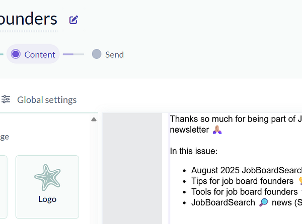 The image displays a newsletter draft interface for job board founders.