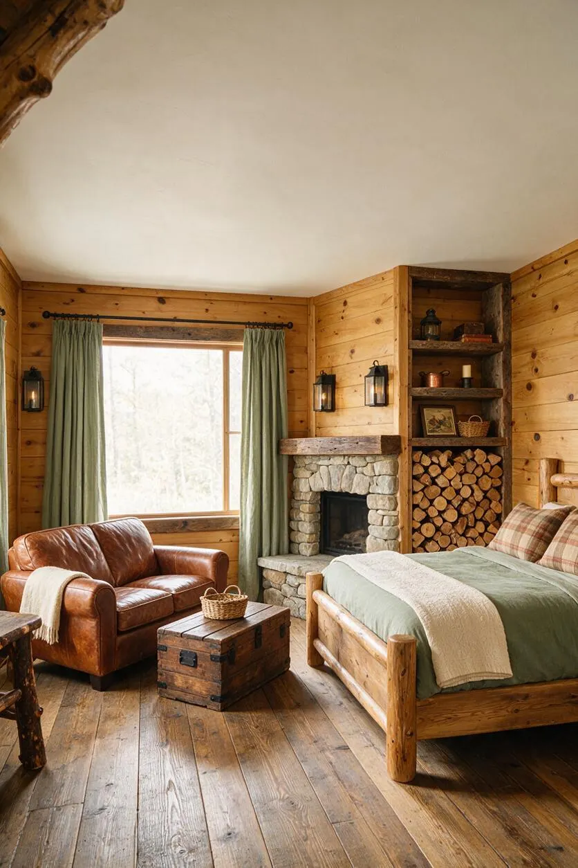 A rustic studio apartment with knotty pine wall paneling, a log-style bed frame, and a tan leather armchair beside a weathered wooden chest. A stone fireplace, built-in shelving with stacked firewood, and sage green curtains frame a bright window, creating a warm cabin-like atmosphere.