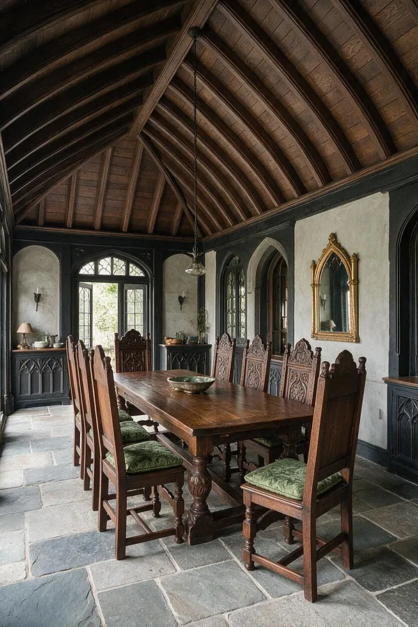 A Gothic-style front porch with a dramatic timber vaulted ceiling, pointed arch windows, and a long carved wooden dining table surrounded by high-back chairs with green cushions. Dark trim frames pale plaster walls, a gold-framed mirror adds ornament, and slate flooring grounds the moody, historic space.