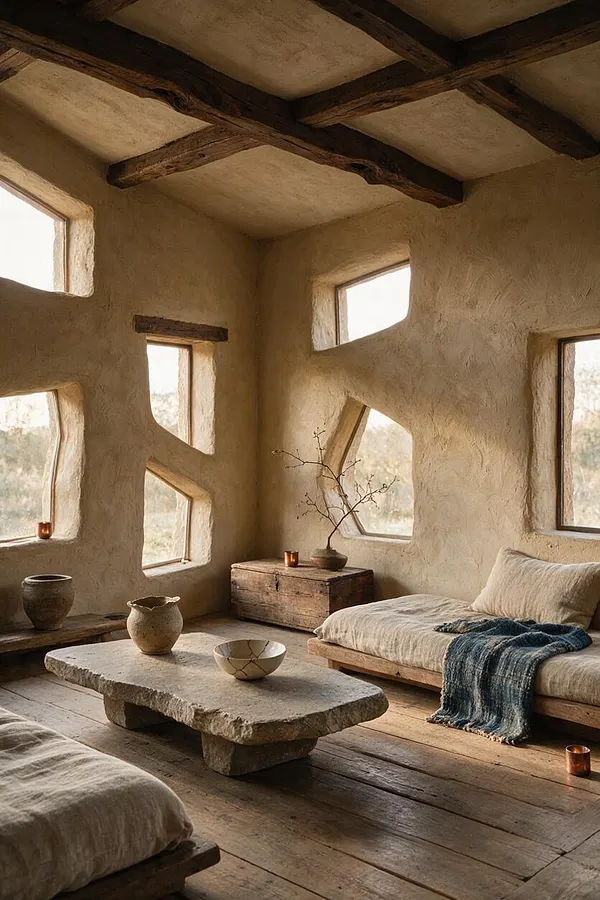 A serene sunroom with plaster walls, irregular window openings, exposed dark wood ceiling beams, and wide plank wooden floors. Low linen seating surrounds a rough stone coffee table, with ceramic vessels, a weathered wooden chest, and a blue woven throw adding soft natural contrast.