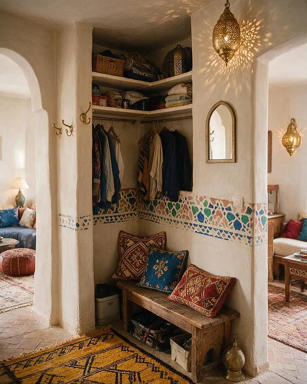 A cozy Moroccan-style entryway with plastered walls, arched openings, and built-in closet shelving filled with woven baskets and folded textiles. A rustic wooden bench with colorful embroidered cushions sits below hanging clothes, while patterned mosaic trim, brass lanterns, and a warm rug add texture and light.