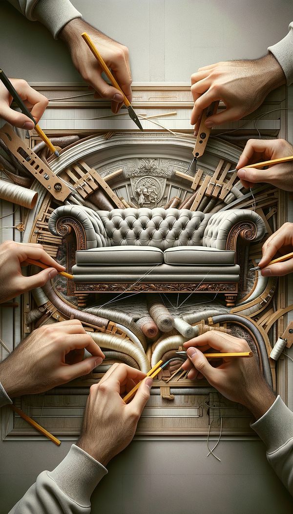 A luxurious sofa being constructed using the Eight-Way Hand Tied method, with a close-up on the intricate hand-tying process.