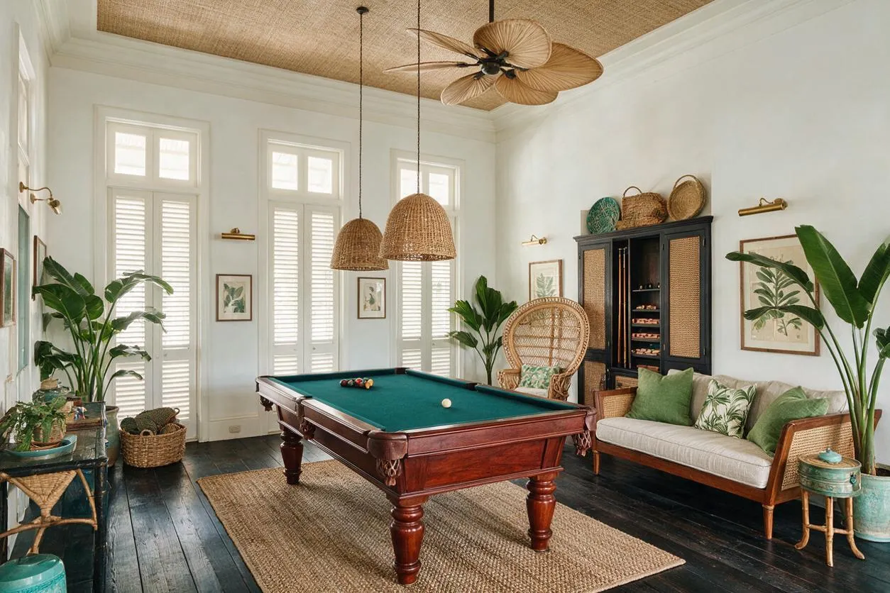 A tropical-style game room with a classic wooden pool table on a woven rug, surrounded by rattan furniture, lush potted palms, and woven pendant lights. White walls, tall shuttered windows, a woven ceiling, and dark wood floors create a bright, breezy space with natural texture.