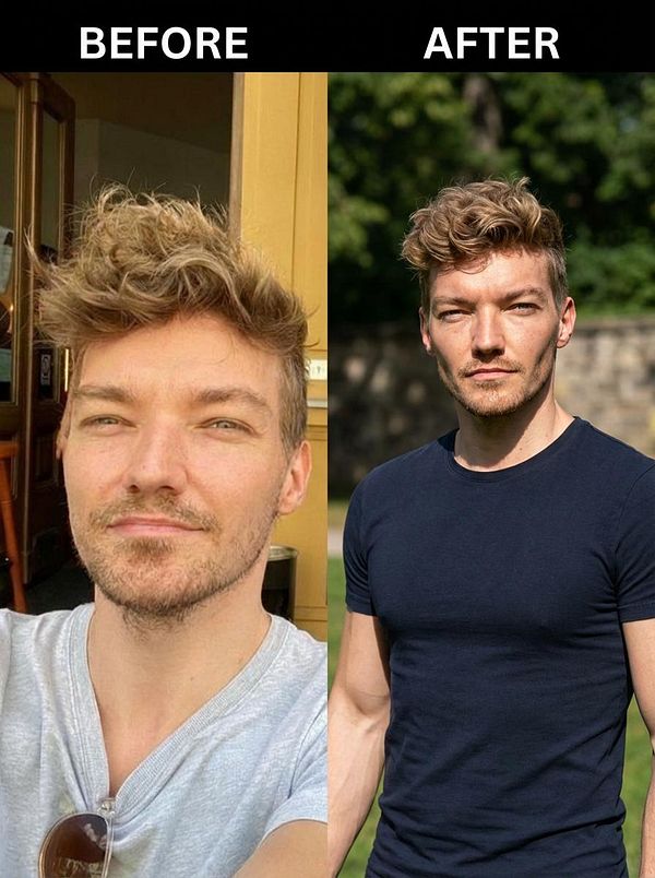 Side-by-side before and after photos of a man transformed with looksmaxxing techniques.