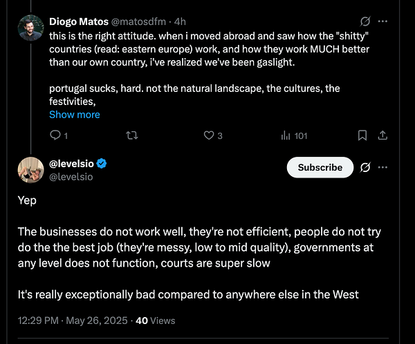 A Twitter conversation discussing the inefficiencies and issues in Portugal compared to other countries.