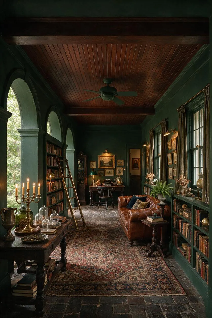 A moody front porch styled like a scholarly sitting room, with dark green walls, a wood-paneled ceiling, arched openings, built-in bookshelves, and a leather sofa. Antique tables, candlesticks, framed art, brass accents, patterned rugs, and tall windows create a rich, old-world atmosphere.