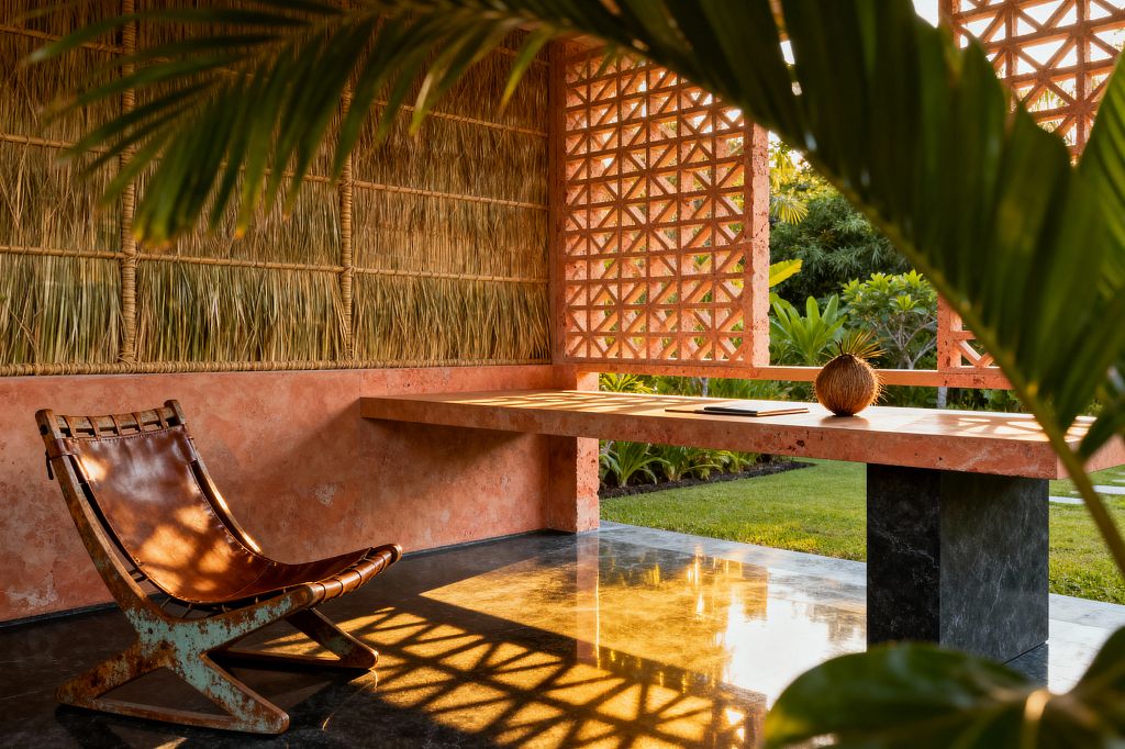 An open-air tropical home office with coral-pink plaster walls and a terracotta breeze-block screen opens to a lush garden. A cantilevered coral-toned stone desk on a dark stone pedestal sits beside a brown leather sling chair with a weathered frame. Woven palm-thatch wall panels and a polished charcoal floor catch warm sunlight, casting lattice shadows; a coconut and a slim notebook rest on the desk.