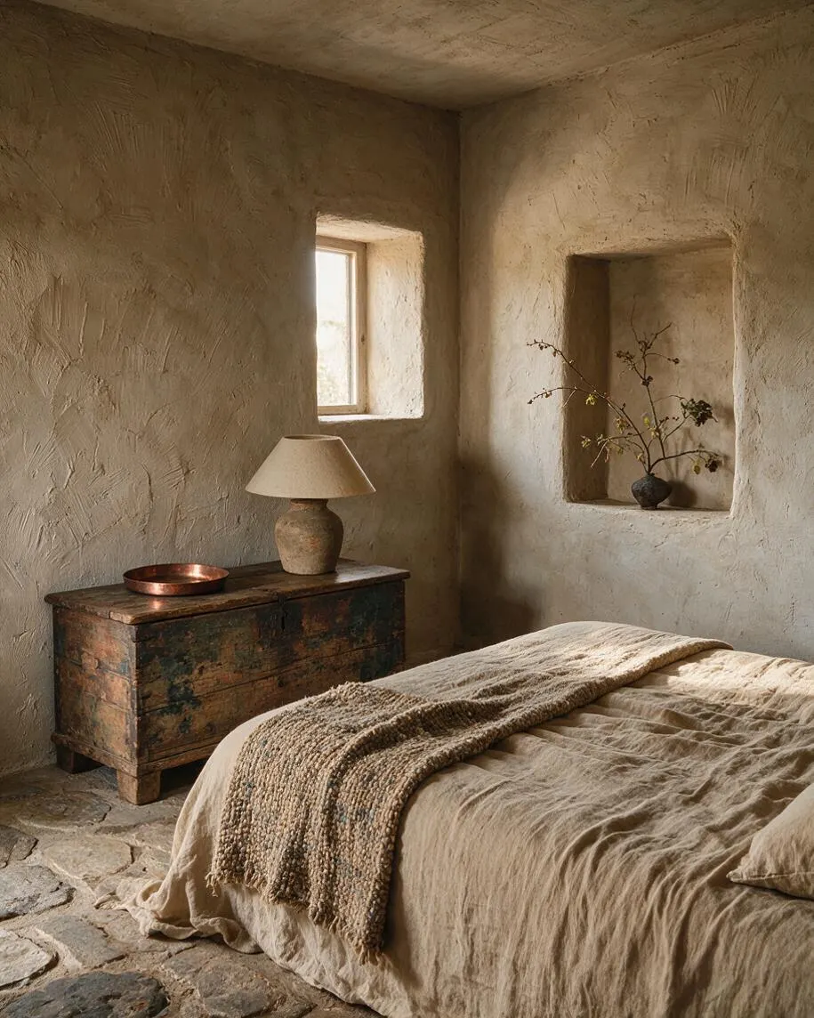 A serene master bedroom with rough plaster walls, a stone floor, and a low bed dressed in rumpled beige linen. A weathered wooden chest with a ceramic lamp sits beneath a small window, while a recessed wall niche displays a bare branch arrangement.