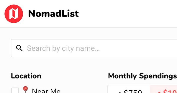 The image shows a part of the NomadList interface with a search bar and filter options.