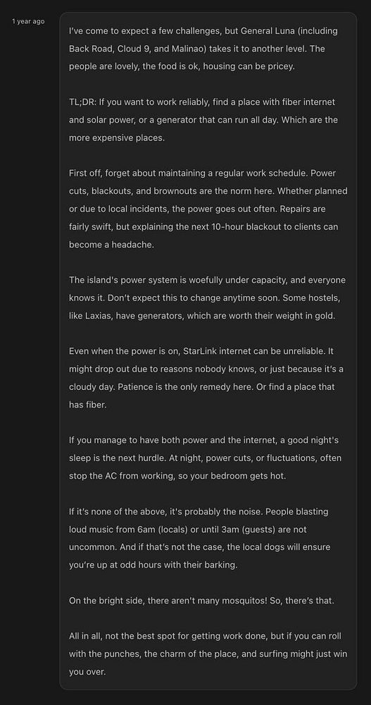 The image contains a detailed text discussing the challenges of working remotely in General Luna, Siargao.