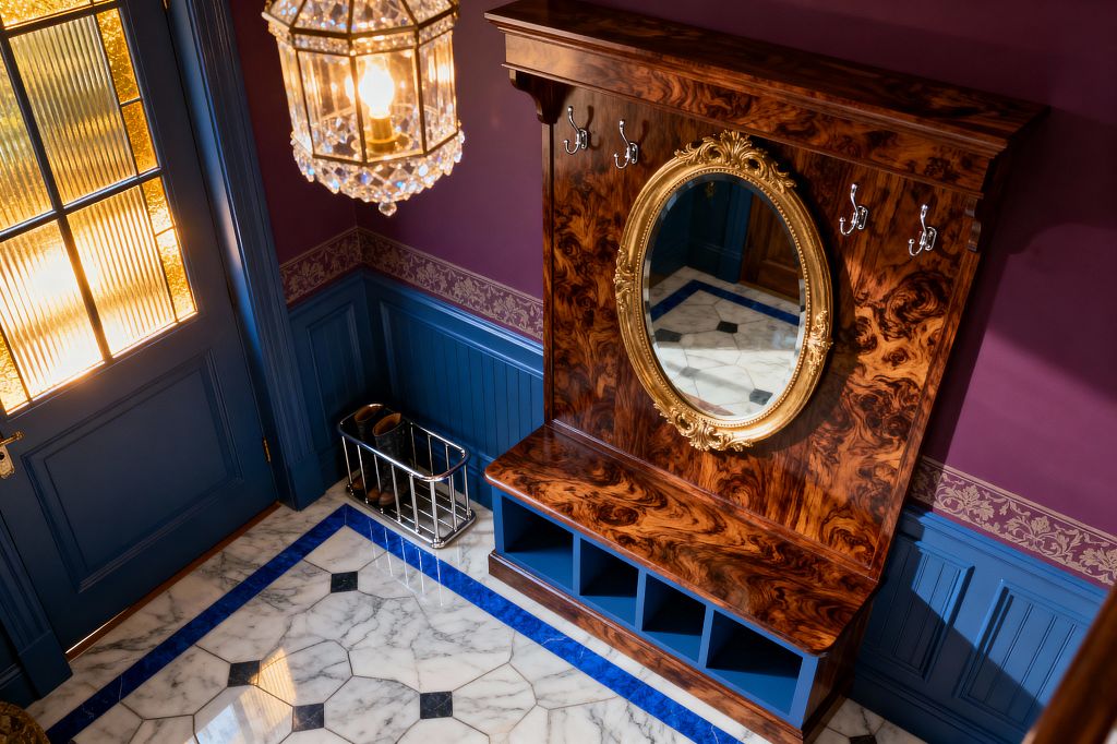 A richly detailed mudroom features deep plum walls with a gold damask border above cobalt blue paneled wainscoting and a matching door with ribbed amber glass, centered on a glossy burl-wood hall tree with chrome hooks, a central oval gilded mirror, bench seat, and blue cubbies, plus a chrome boot rack nearby. The marble floor has gray veining with black insets and a vivid royal-blue border, while a crystal-and-brass lantern pendant casts warm light across the traditional space.