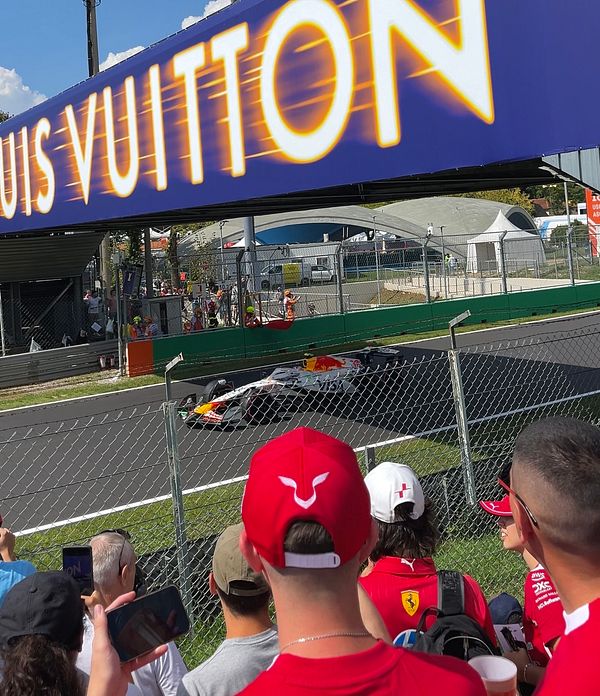 A vibrant scene from the Monza F1 race featuring a car speeding past a crowd of enthusiastic fans.