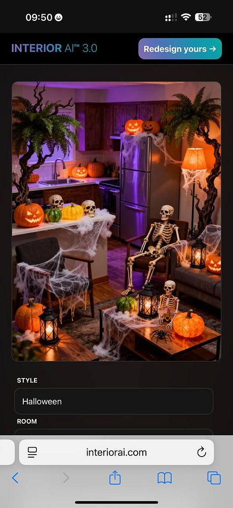 A Halloween-themed interior scene featuring skeletons, pumpkins, and spider webs.