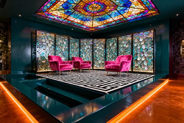 A raised teal platform holds three fuchsia velvet lounge chairs on a black-and-white Greek key rug, backed by tall mosaic screens with iridescent shells set in small glass tiles. Overhead, a large stained-glass ceiling panel in blues, ambers, and magentas glows, while warm LED strips trace the steps and an amber high-gloss floor, creating a theatrical, layered media room with brass accents and deep teal walls.