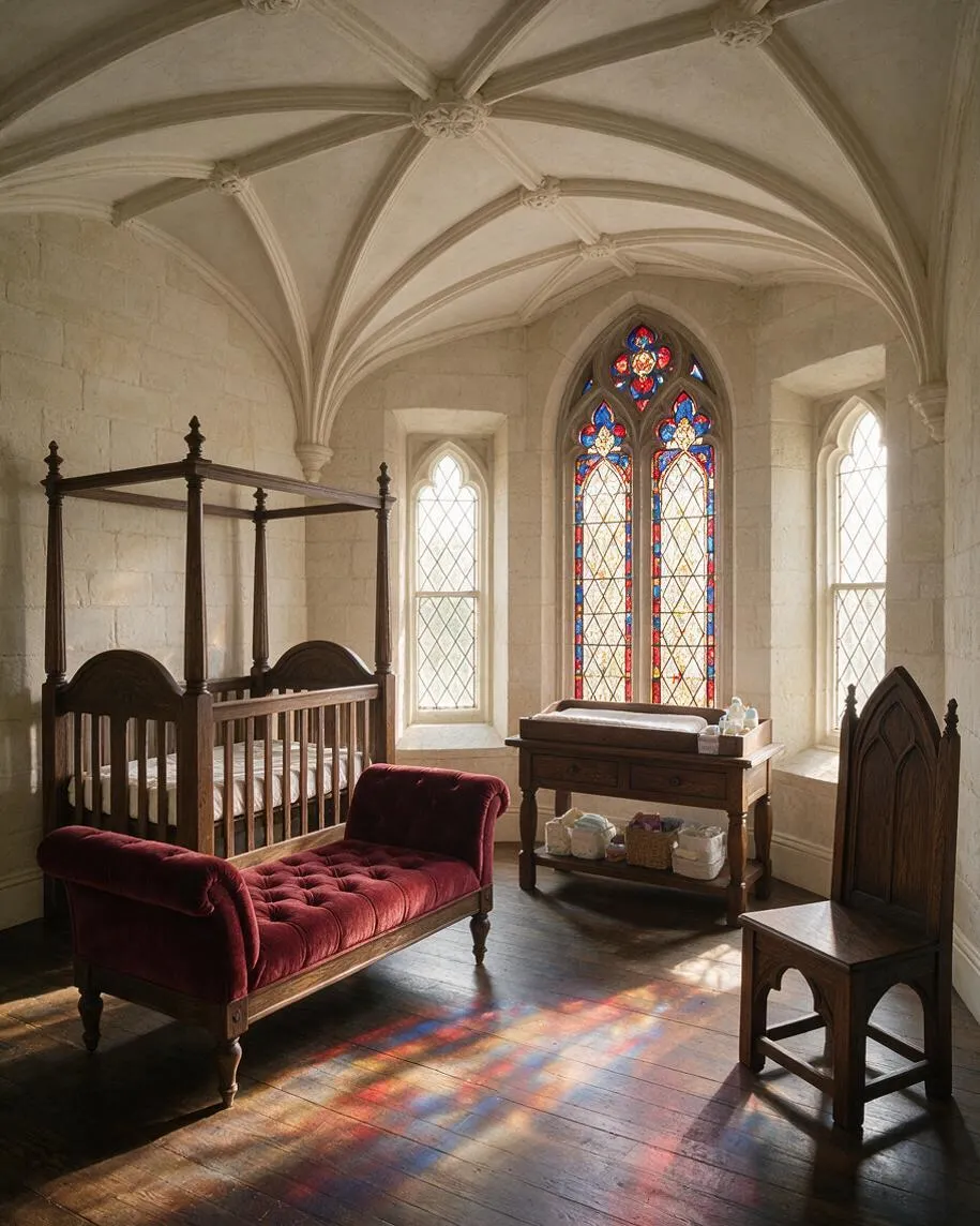 A Gothic-style nursery set in a stone room with a vaulted ceiling, pointed arched windows, and colorful stained glass. The space includes a dark wood crib, a burgundy velvet settee, a wooden changing table, and a carved chair, with warm light casting multicolored reflections on the floor.