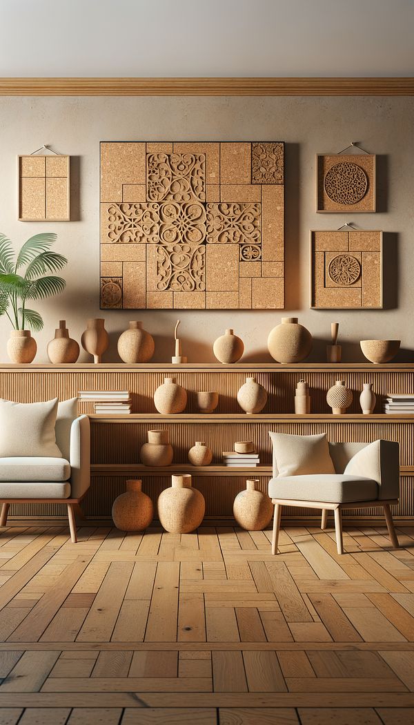 A cozy living room featuring cork flooring, a large cork decorative panel on the wall, and several cork vases and bowls on wooden shelves.