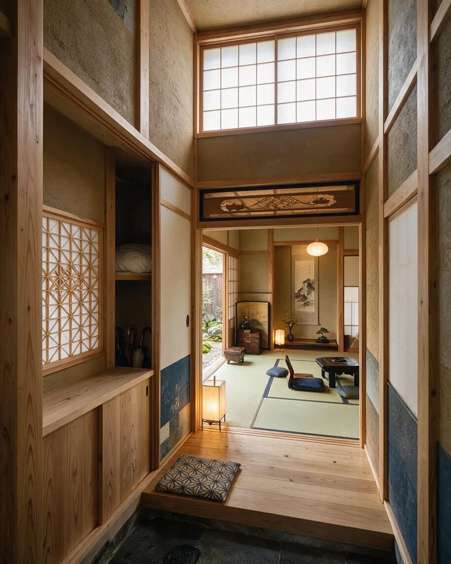 A narrow Japanese Zen entryway with natural wood framing, textured earth-toned walls, and a shoji-style window glowing with soft daylight. The view leads into a tatami room with low seating, a hanging paper lantern, and a calm, minimal arrangement of traditional decor.