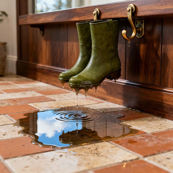 A mudroom with dark walnut paneling features brass hooks holding dripping olive-green rain boots above a checkerboard floor of terracotta and cream tumbled stone tiles. Beneath the boots, a glossy puddle forms concentric ripples and reflects a blue sky with white clouds, creating a surreal, portal-like effect in soft natural daylight from a nearby window.