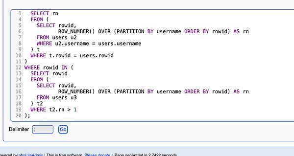 The image displays a SQL query used to identify and remove duplicate usernames from a database.