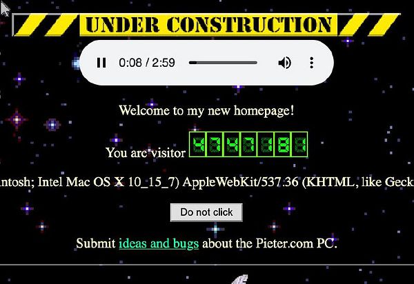 The image displays a retro-themed webpage under construction with a visitor counter and audio player.