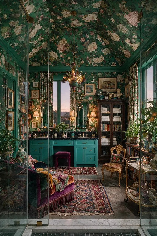 A dramatic master bathroom filled with dark green floral wallpaper and a matching floral ceiling, creating a richly patterned cocoon. The room includes a teal vanity with a dark stone countertop, ornate lighting, framed art, vintage rugs, velvet seating, glass shower panels, and a gold-toned accent chair and bar cart, all layered for a lavish maximalist look.