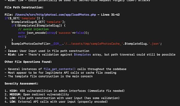 The image displays a code snippet and security analysis report related to file path construction and vulnerabilities in a PHP application.