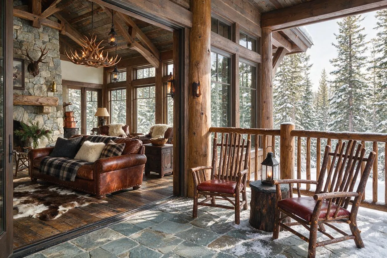 A rustic covered porch and living area with heavy timber posts, exposed wood beams, and stone accents overlooking a snowy forest. Wicker-style wooden chairs with red cushions sit beside a stump table and lantern, while inside a leather sofa, plaid textiles, and a stone fireplace create a warm lodge atmosphere.