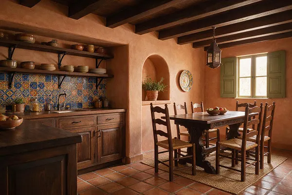 A Mediterranean-style basement with terracotta floor tiles, exposed dark wood ceiling beams, warm plaster walls, and a rustic wood dining table with woven chairs. Open shelves, a colorful patterned tile backsplash, a small arched niche, and a green-shuttered window add warmth and charm.