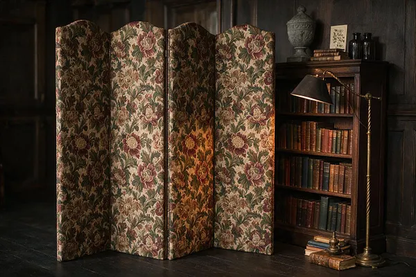 A dark academia corner featuring a four-panel folding screen upholstered in dense floral fabric with muted rose and green tones. It stands beside a wooden bookcase filled with old books, a brass floor lamp, and decorative objects, all set against dark paneled walls and a black floor.