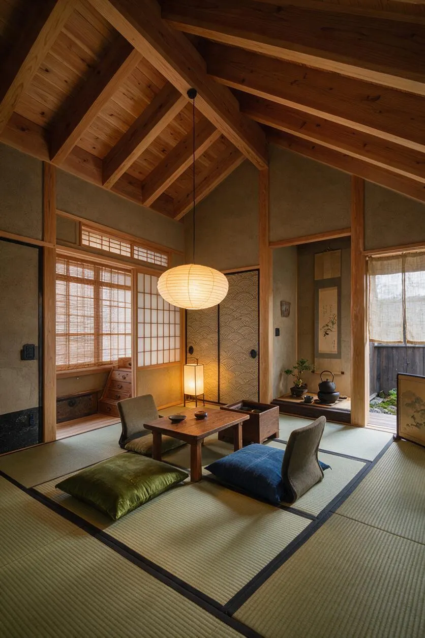 A serene Japanese Zen-style master bedroom with tatami mat flooring, exposed wooden ceiling beams, and sliding shoji screens. The room includes a low wooden tea table, floor cushions in muted green and blue, and soft lantern lighting that creates a calm, natural atmosphere.