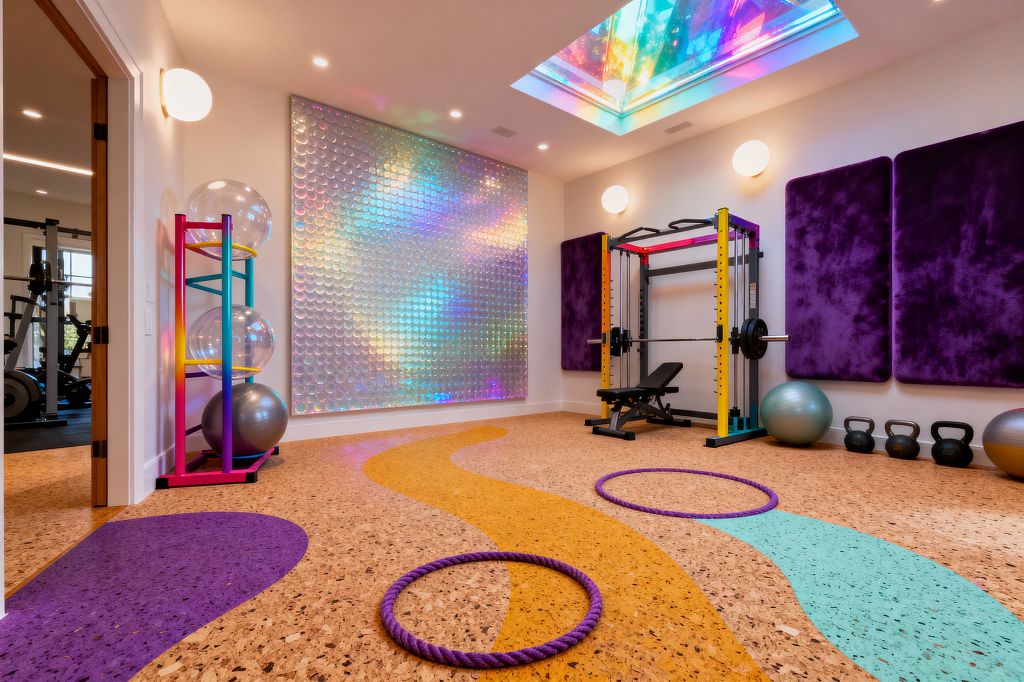 A colorful home gym with cork flooring in flowing teal, mustard, and purple inlays, a yellow-and-black power rack with bench, kettlebells, and stability balls. A large iridescent bubble-tile wall and a prismatic skylight cast rainbow light, while three oversized purple acoustic panels line one wall; globe sconces and recessed ceiling lights brighten the white room, and a multicolor rack stores exercise balls near the doorway.