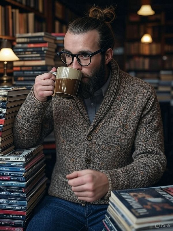 A man in a cozy library setting enjoys a cup of coffee while surrounded by stacks of books.