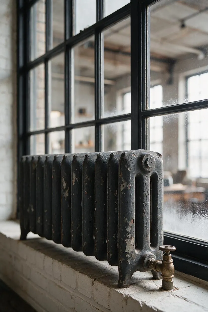 A weathered black cast iron radiator sits on a white painted brick windowsill beneath tall black-framed industrial windows. The chipped finish and brass valve add vintage character to the bright loft interior.