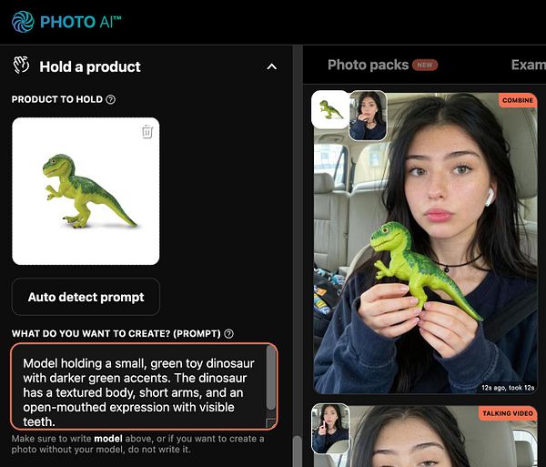 A model is holding a green toy dinosaur while interacting with a photo editing interface.